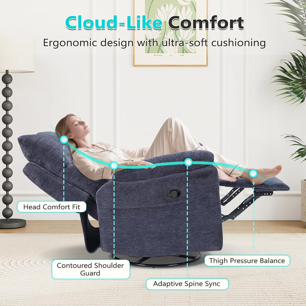 ANJ Swivel Rocker Recliner Chair, Manual Fabric Glider Nursery Recliner Chair, Single Rocking Modern Sofa Home Theater Seating for Living Room, Nursery (Slate Blue)