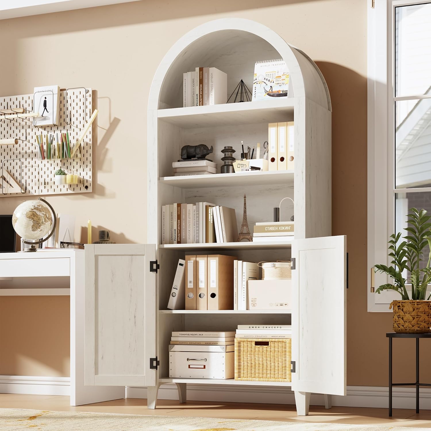 Garvee Arched Cabinet with Doors, 5-Tier Kitchen Pantry Cabinet with Adjustable Shelves, Wooden Open Farmhouse Storage Organizer for Kitchen, Dining Room, Living Room, Home Office, White