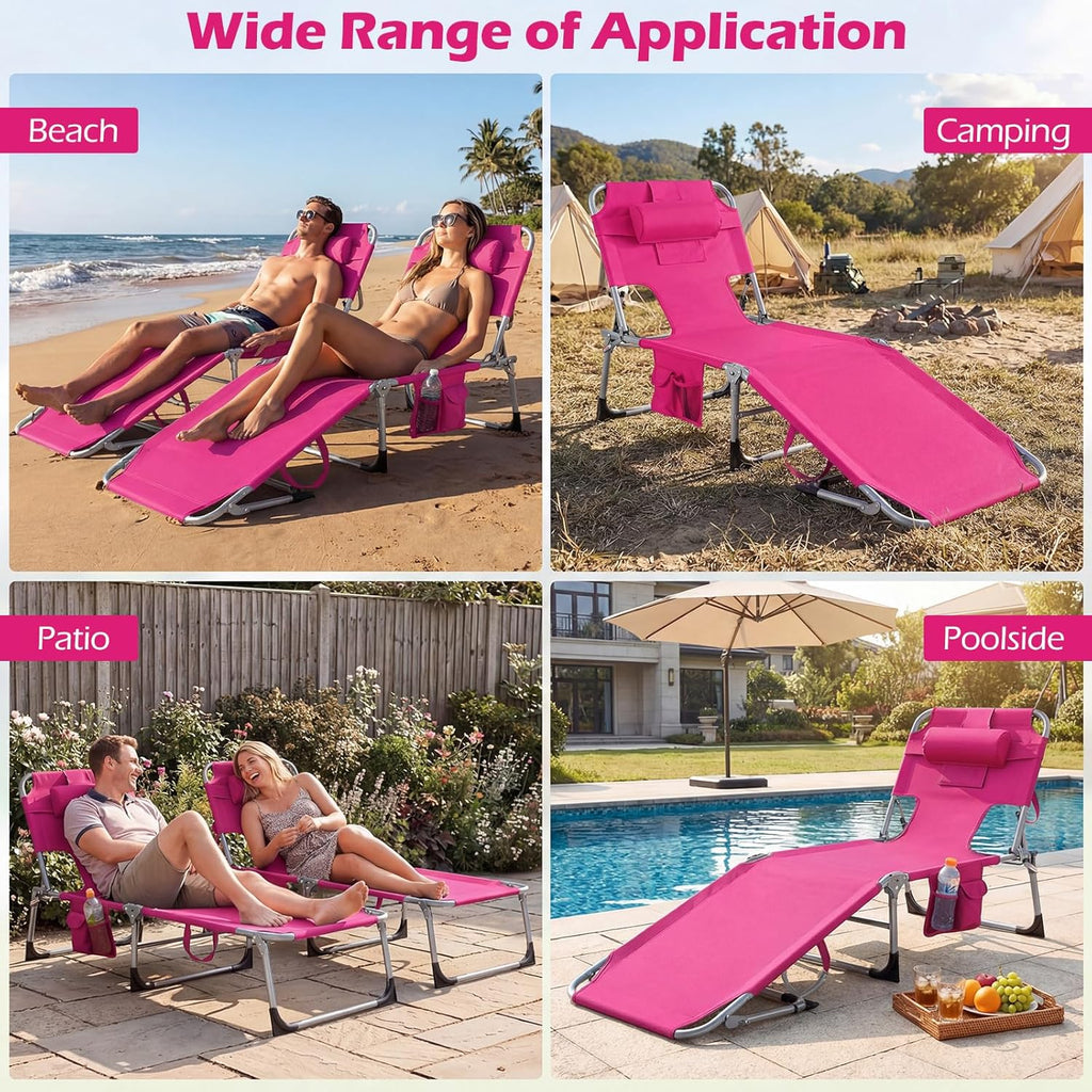 LDAILY Tanning Chair, Portable Sun Bathing Beach Chairs with Face Hole, Arm Cutouts & Storage Pocket, Lounge Chair Outdoor with 4 Adjustable Positions for Patio, Poolside, Lawn, Camping (Pink)