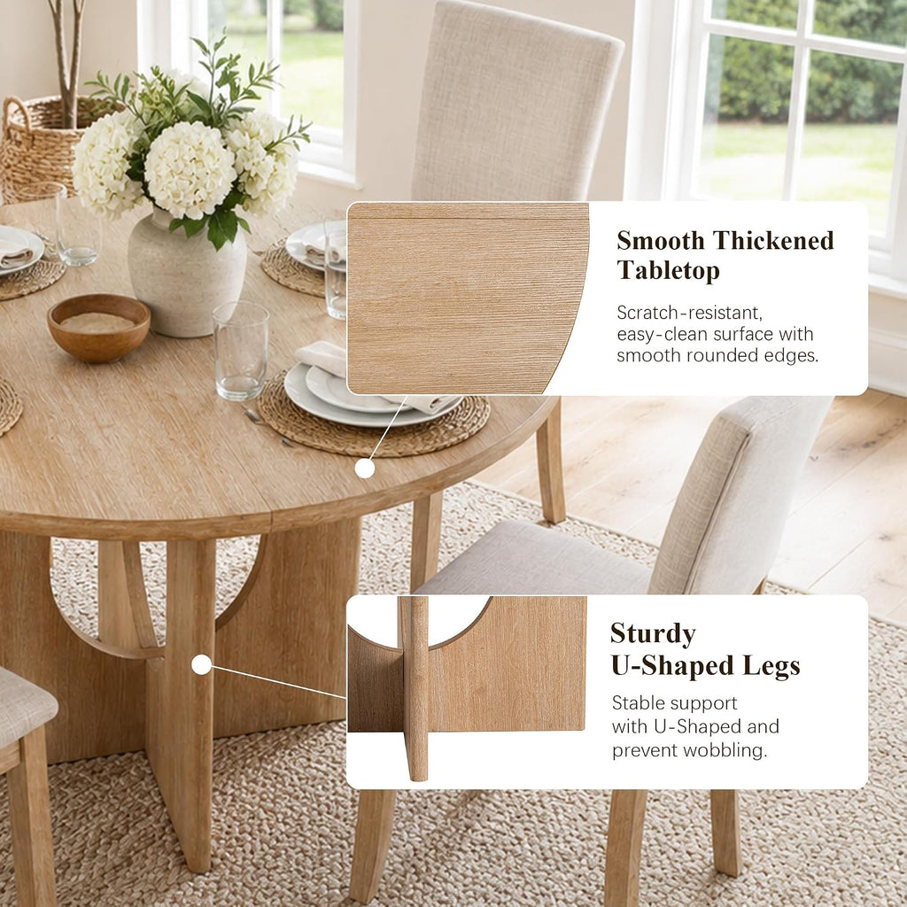 5-Piece Round Dining Table Set for 4, 47" Kitchen Table, Natural | U-Shaped Pedestal Base, Round Tabletop, 4 Upholstered Fabric Chairs, Space Saving Dinner Table for Dining Room, Kitchen