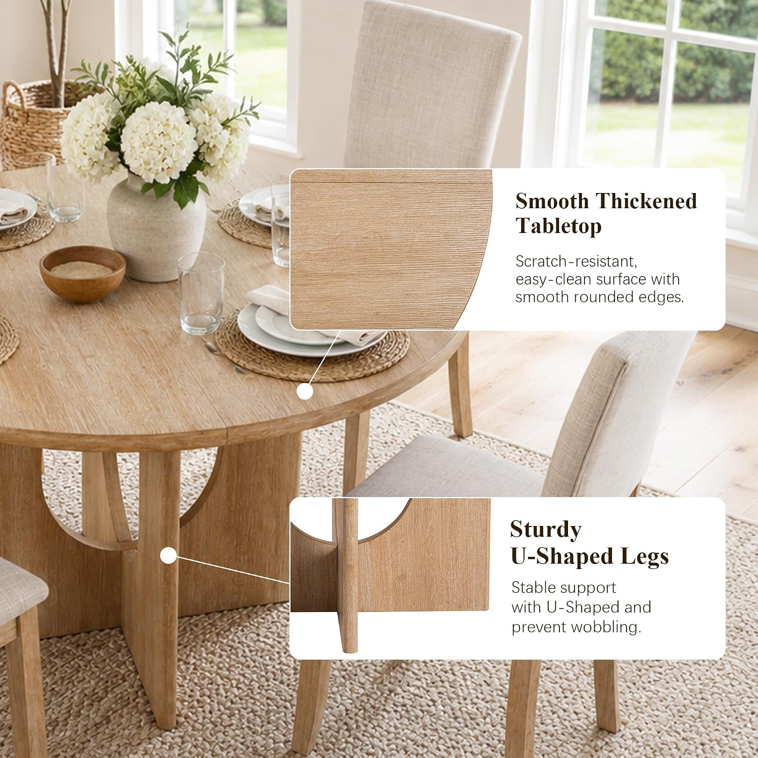 5-Piece Round Dining Table Set for 4, 47" Kitchen Table, Natural | U-Shaped Pedestal Base, Round Tabletop, 4 Upholstered Fabric Chairs, Space Saving Dinner Table for Dining Room, Kitchen