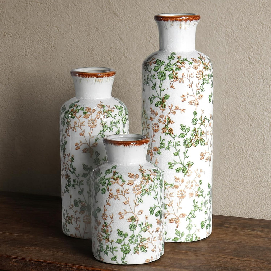 Ceramic Vase Set of 3, Vintage Ceramic Flower Vases, Crackle-Glaze & Distressed Rim, Brown & Green Botanical Pattern, for Home Decor, Living Room Mantel & Dining Table Centerpiece