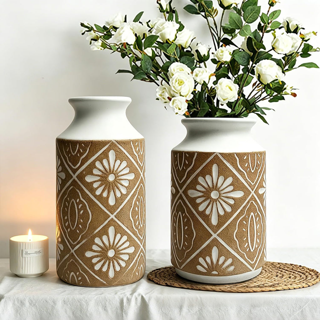 Rustic Ceramic Vase Set of 2 for Living Room Bedroom 11.02'' and 9.05'' Large Unique Flower Vases for Home Decor Office Centerpieces Fireplace Vintage Antique Farmhouse Modern Gift for Plant