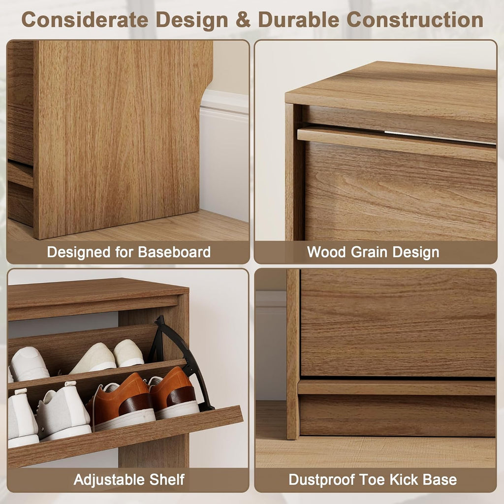 Shoe Cabinet with 3 Flip Drawers, 31.5" W Narrow Shoe Storage Cabinet for Entryway, Slim Shoe Organizer with Adjustable Shelves, Freestanding Shoe Rack for Hallway, Living Room, Walnut