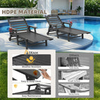 Mdeam 6-Position Pool Outdoor Lounge Chairs Set of 2, 22" W Oversized Adjustable Chaise Lounger 500LBS Capacity, HDPE Furniture Tanning Chair with Wheels & Cup Holder for Outside Patio Deck, Dark Grey