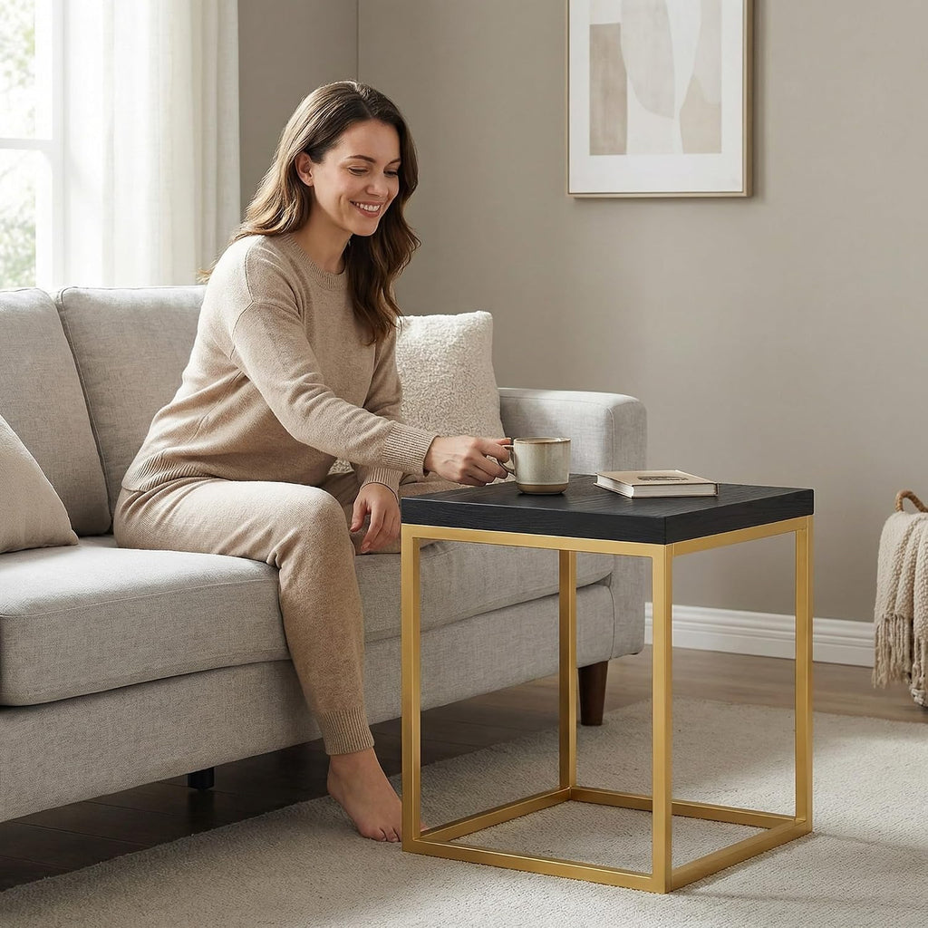CENSI Modern Square End Table/Side Table, 18", Gold and Black | Extra Thick 1.6" Wood Top, Metal Frame, Industrial Nightstand, Black Oak Finish