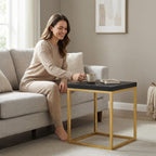 CENSI Modern Square End Table/Side Table, 18", Gold and Black | Extra Thick 1.6" Wood Top, Metal Frame, Industrial Nightstand, Black Oak Finish