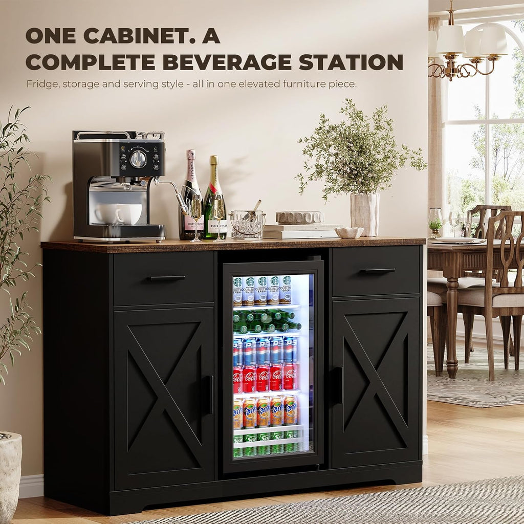 Large Coffee Bar Cabinet with Fridge (Fridge Included), 47'' Farmhouse Bar Cabinet with Wine Storage, Buffet Sideboard Table Station with 2 Drawers & Large Countertop for Home, Black