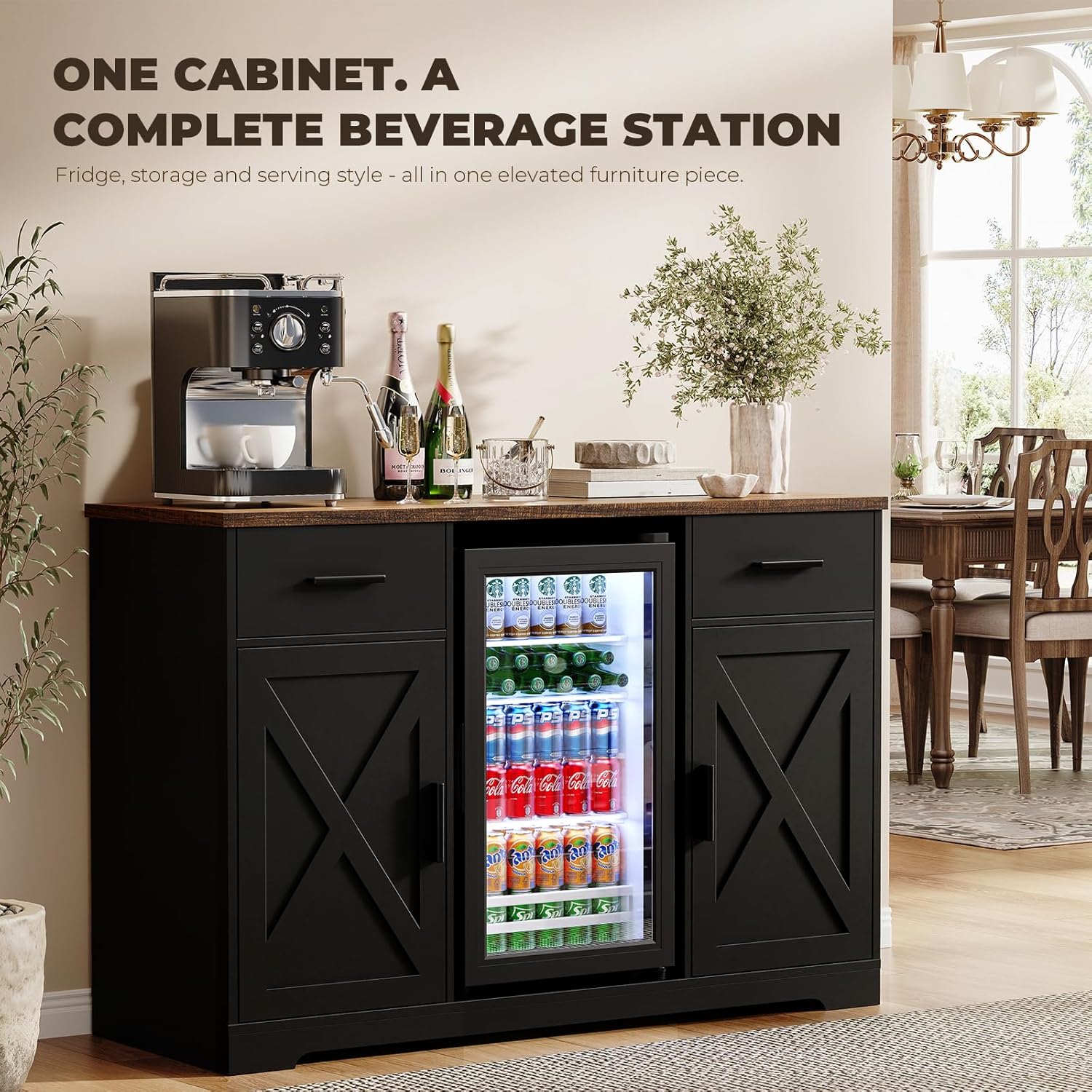 Large Coffee Bar Cabinet with Fridge (Fridge Included), 47'' Farmhouse Bar Cabinet with Wine Storage, Buffet Sideboard Table Station with 2 Drawers & Large Countertop for Home, Black