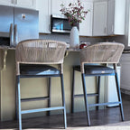 PURPLE LEAF Counter Height Bar Stool Set of 2 Modern Aluminum Rattan Wicker Outdoor Barstools with Backrest and Cushion for Kitchen Lawn Pool Bar Chairs Dark Grey