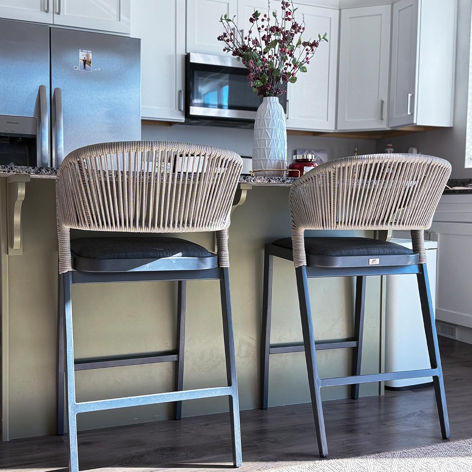 PURPLE LEAF Counter Height Bar Stool Set of 2 Modern Aluminum Rattan Wicker Outdoor Barstools with Backrest and Cushion for Kitchen Lawn Pool Bar Chairs Dark Grey