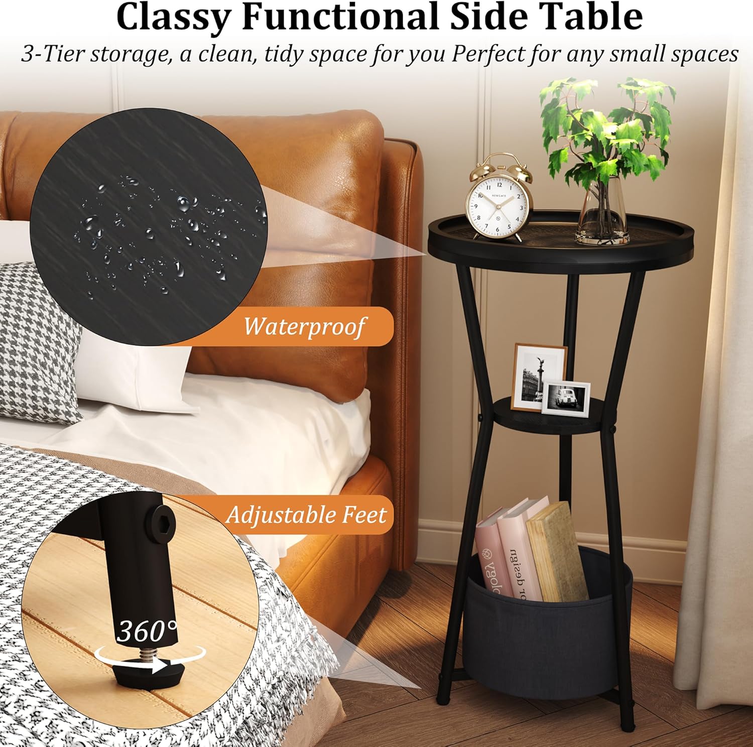 Yusong Round Side Table, Small Drink Table for Small Spaces, 3-Tier Industrial End Table, Accent Nightstand Bedside Table for Living Room, Bedroom, Sofa Couch, Black