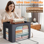 3 Pack Clothes Storage Bins with Metal Frame,40L Storage Bags Fabric Box Organizer with Clear Window,Zippers,Sturdy Handles(3 Pcs,Light Grey,40L)