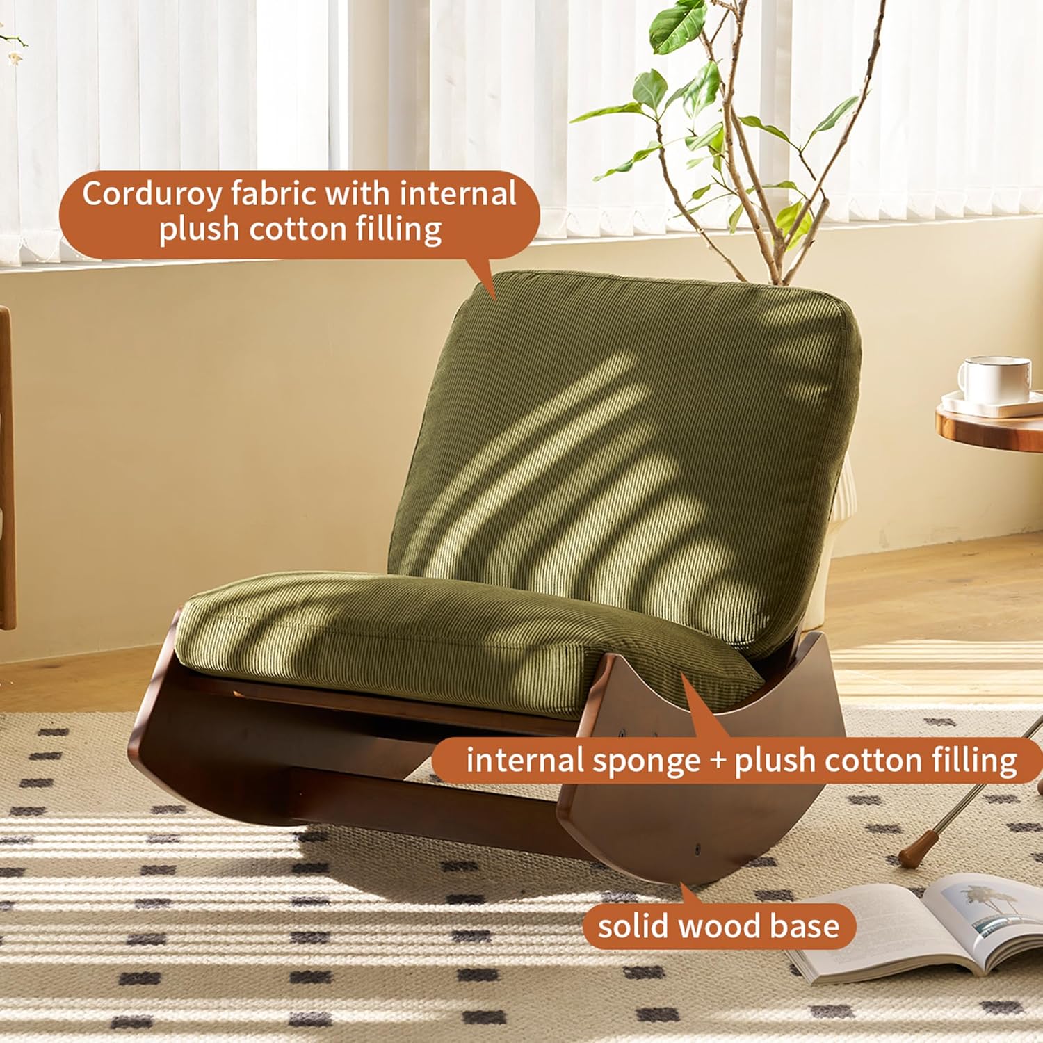 Modern Rocking Chair Recliner, Comfortable Upholstery Glider Chair, Solid Wood Frame, Accent Reading Chair for Bedroom, Living Room, Nursery, Green