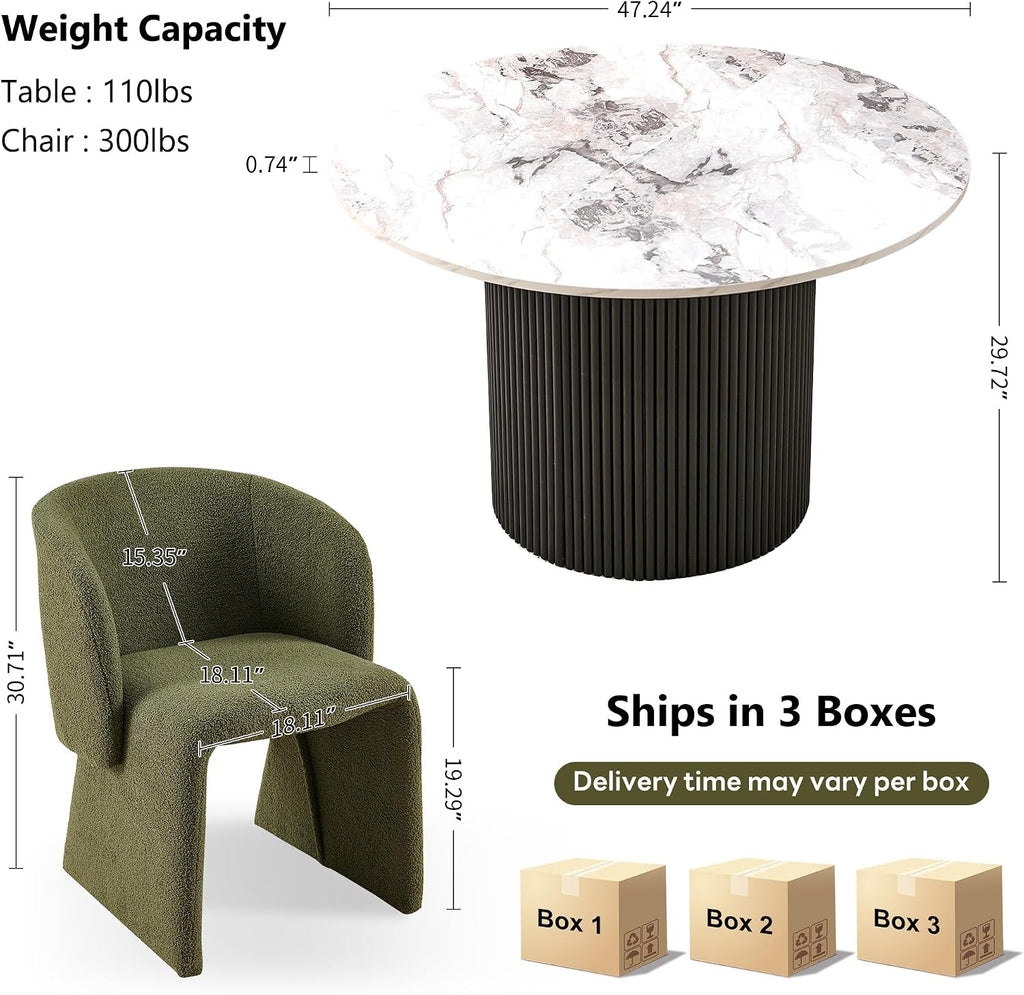 NORDICANA 3-Piece Round Dining Table Set for 2, Modern 47-Inch Kitchen Table and Chair Set, Dining Set with Dark Green Upholstered Armchairs, Manufactured Wood Top with White Marble Effect Finish