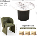 NORDICANA 3-Piece Round Dining Table Set for 2, Modern 47-Inch Kitchen Table and Chair Set, Dining Set with Dark Green Upholstered Armchairs, Manufactured Wood Top with White Marble Effect Finish