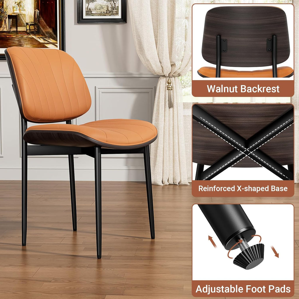 YaFiti Dining Chairs Set of 4, Mid Century Modern Dining Room and Kitchen Chairs, Upholstered PU Leather Chairs with Walnut Bentwood and Metal Legs, Orange