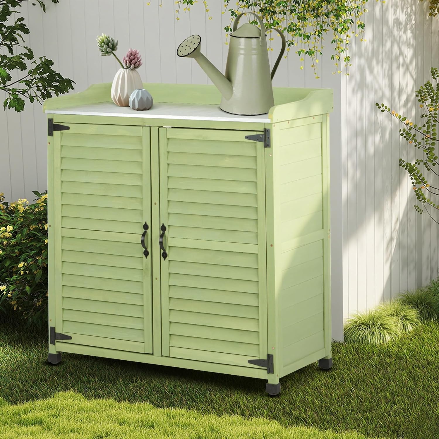 Outdoor Storage Cabinet & Potting Bench Table with Metal Work Top, Vented Louvered Doors, Wooden Patio Furniture, Garden Workstation, Green, 36x31x17in