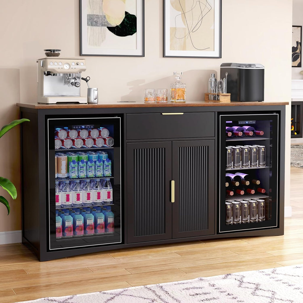 GDLF 70.1" Long Coffee Bar Cabinet with Fridge Space, Modern Wine Liquor Cabinet with Storage & Power Outlet, Buffet Sideboard with Fluted Doors for Home, Black