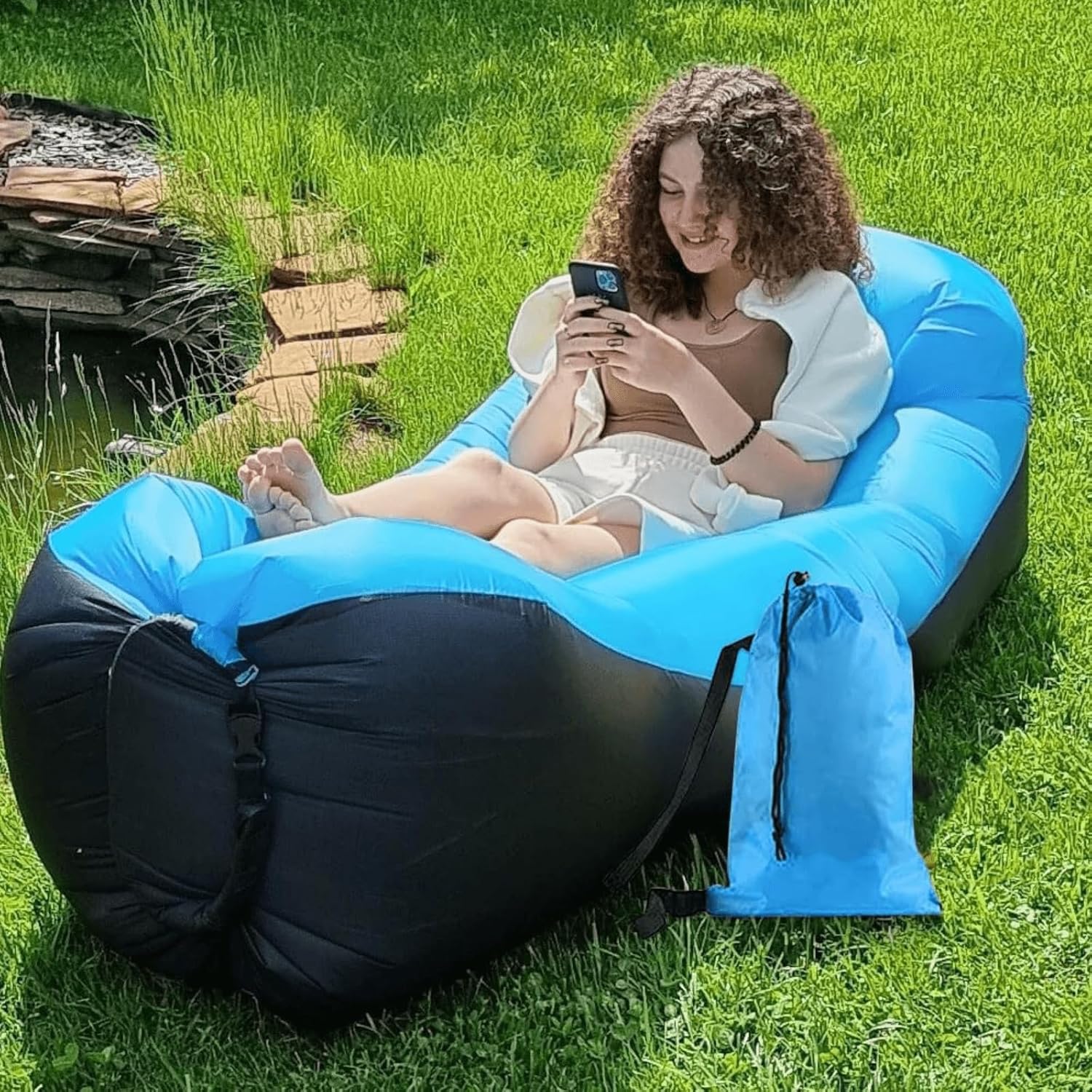 Inflatable Lounger Air Sofa Hammock, Inflatable Couch for Camping, Perfect for Beach Chair Waterproof Anti-Air Leaking Pouch Couch Air Chair for Outdoor, Beach, Hiking (Purple)
