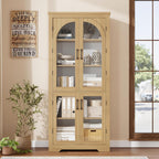 70" Kitchen Pantry Storage Cabinet - Modern Display Pantry Storage with 4 Arched Glass Doors and Adjustable Shelves, Versatile Cupboard Organizers for Kitchen, Dining Room, Living Room, Natural