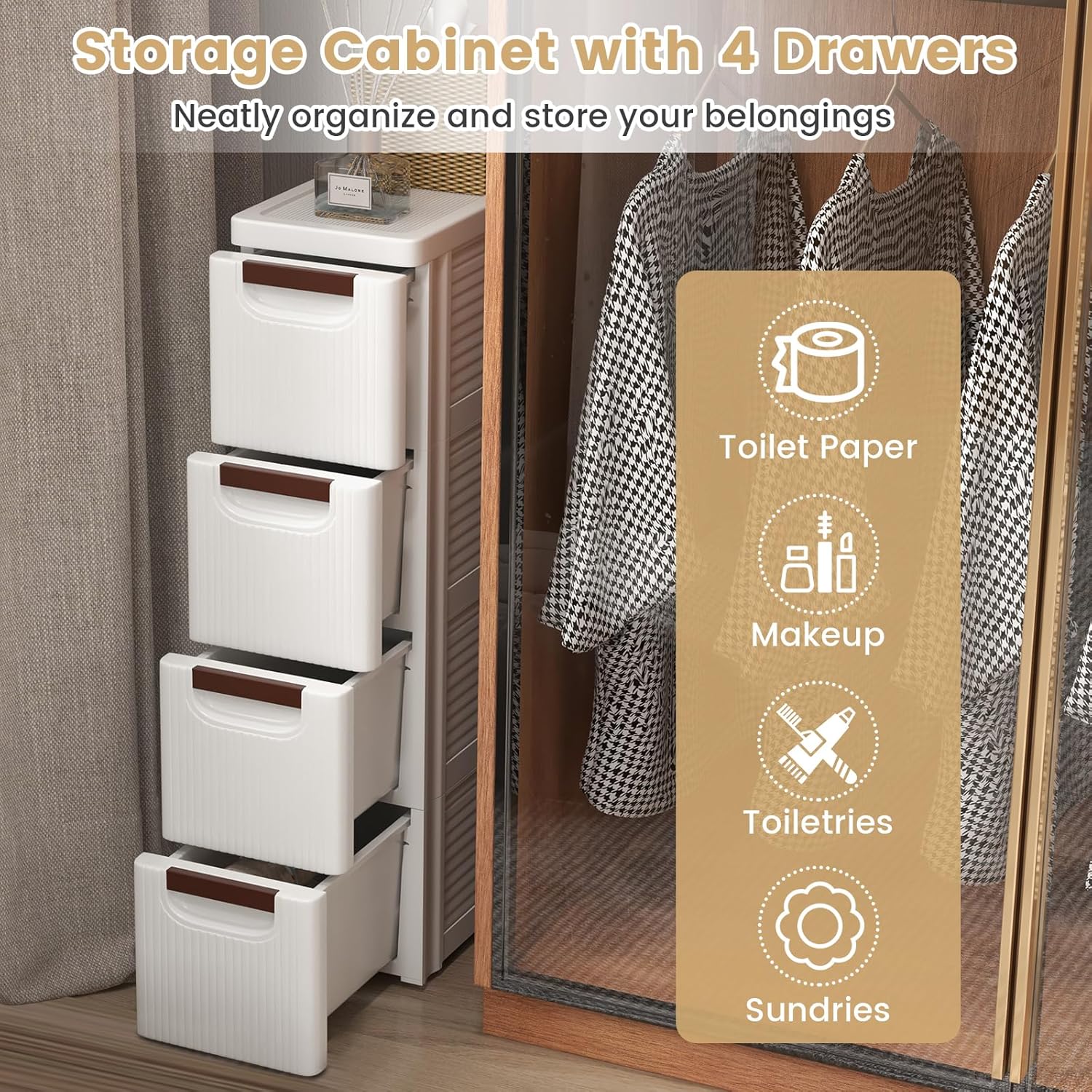 LOKO 4-Drawer Narrow Storage Cabinet, Slim Rolling Cart, Mobile Plastic Cart Container with Pull Handles, Built-in Wheels, for Living Room, Kitchen, Bathroom, Office (7.5"x16.5"x29.5" (4 Drawer))