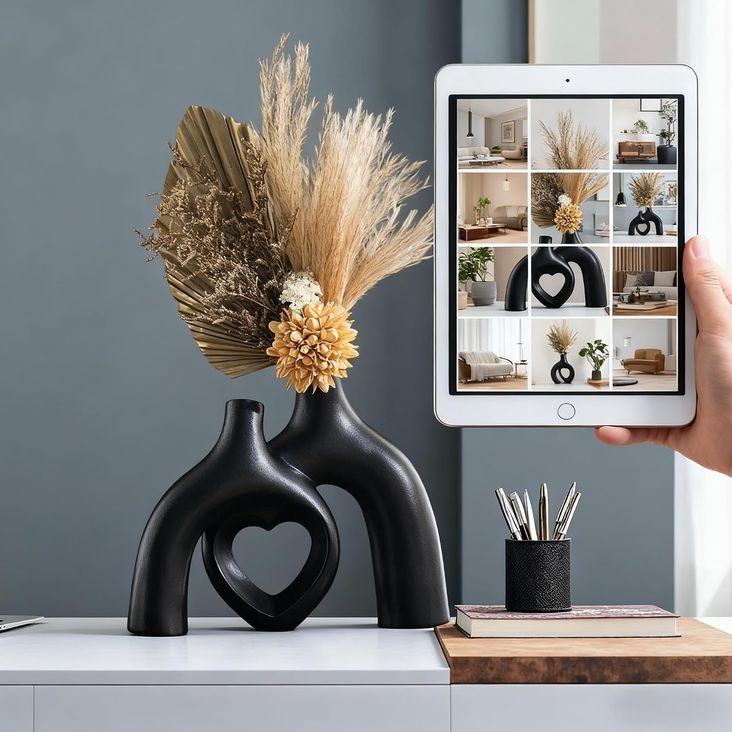 Lvases Hug Snuggle Hollow Donut Ceramic Vases, 9 Inch Modern Nordic Minimalist Decorative Vase for Home Decor Table Centerpiece Bookshelf Office Entryway Aesthetic Decoration (Matte Black)