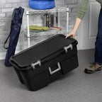 22 Gallon Large Rolling Footlocker, Heavy Duty Plastic Storage Trunk with Wheels and Lockable Handle, Black, 31" x 18" x 14"