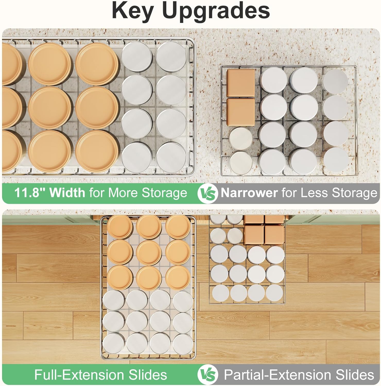 Stainless Steel Pull Out Cabinet Organizer(11.8"W x 16.5"D x 4.7"H)-1 Pack, Minimalist Design Frame, Full-Extension Slide Rails, Easy Installation for Pantry Organizers or Kitchen Cabinet Organizer