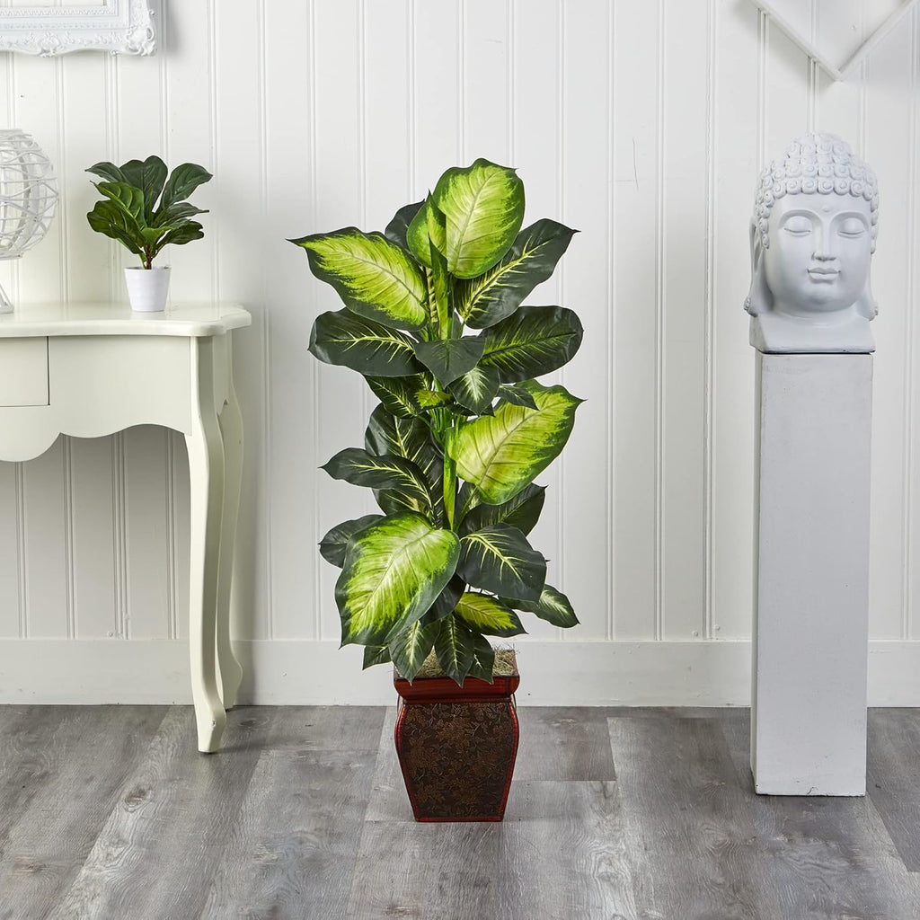 Nearly Natural Artificial Dieffenbachia, Floor Plant Faux Greenery With Decorative Planter For Indoor Home Decor