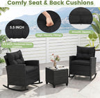 Tangkula 3 Piece Wicker Rocking Set, Patio Rattan Roker Chairs with Tempered Glass Table & Soft Cushions, Outdoor Furniture Set for Backyard, Poolside Porch
