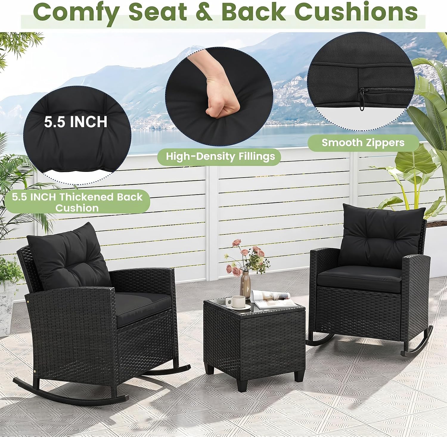 Tangkula 3 Piece Wicker Rocking Set, Patio Rattan Roker Chairs with Tempered Glass Table & Soft Cushions, Outdoor Furniture Set for Backyard, Poolside Porch
