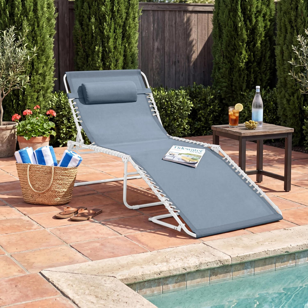 Best Choice Products Patio Chaise Lounge Chair, Portable Outdoor Folding Recliner for Lawn, w/ 8 Positions, Handles, 300lb Capacity - French Blue/White