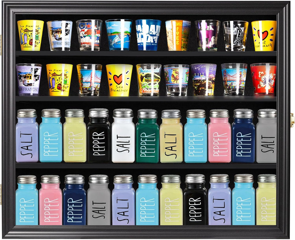 Shot Glass Shooter Display Case Small Wall Curio Cabinet for Salt & Pepper Shaker Display Also Compatible with Funko Pop Figures, Nodder Wobbler Figures - Black Frame