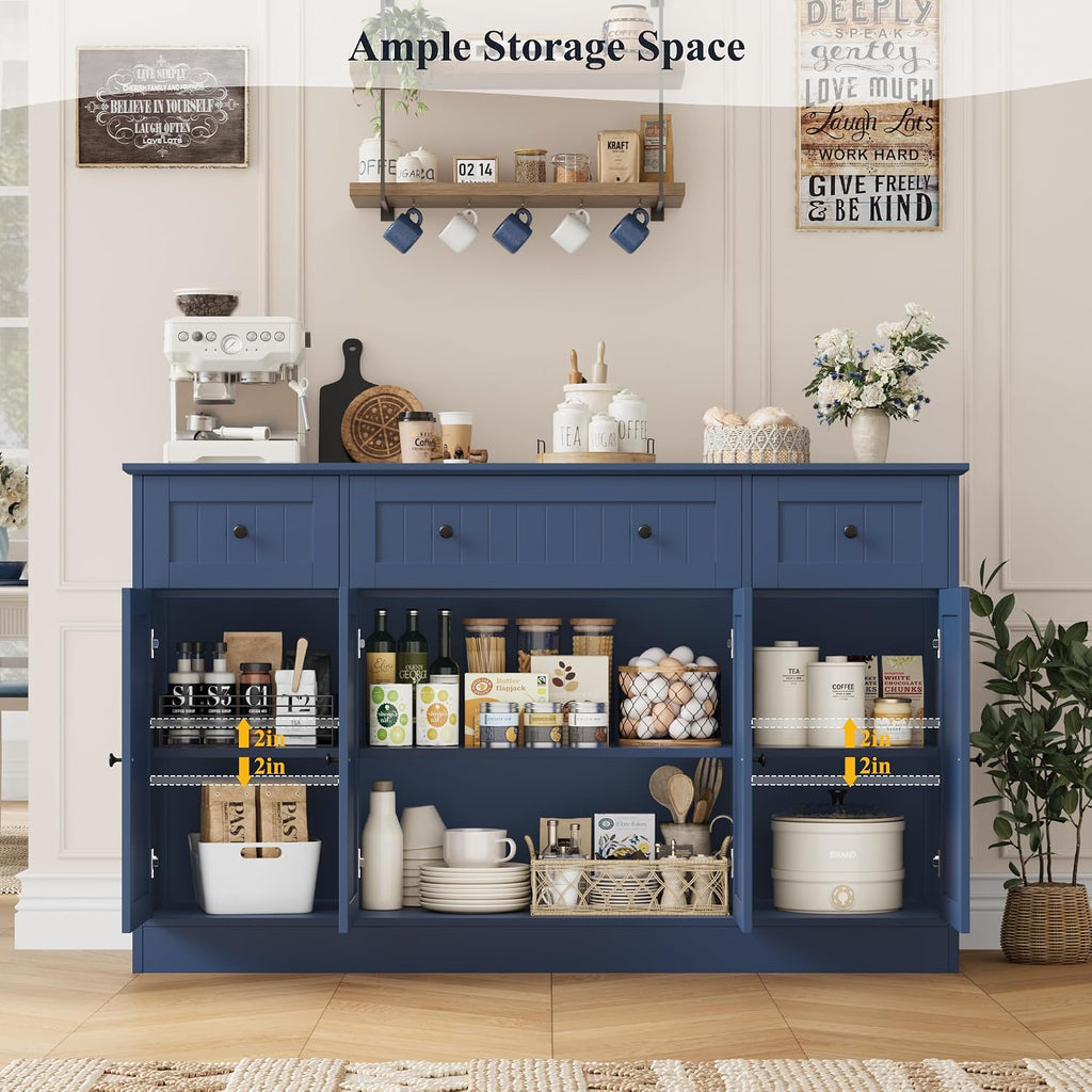 HITHOS 55" Sideboard Buffet Cabinet with Storage, Modern Kitchen Buffet Storage Cabinet with Drawers, Wood Coffee Bar with Adjustable Shelves, Large Sideboard for Kitchen, Living Room, Blue