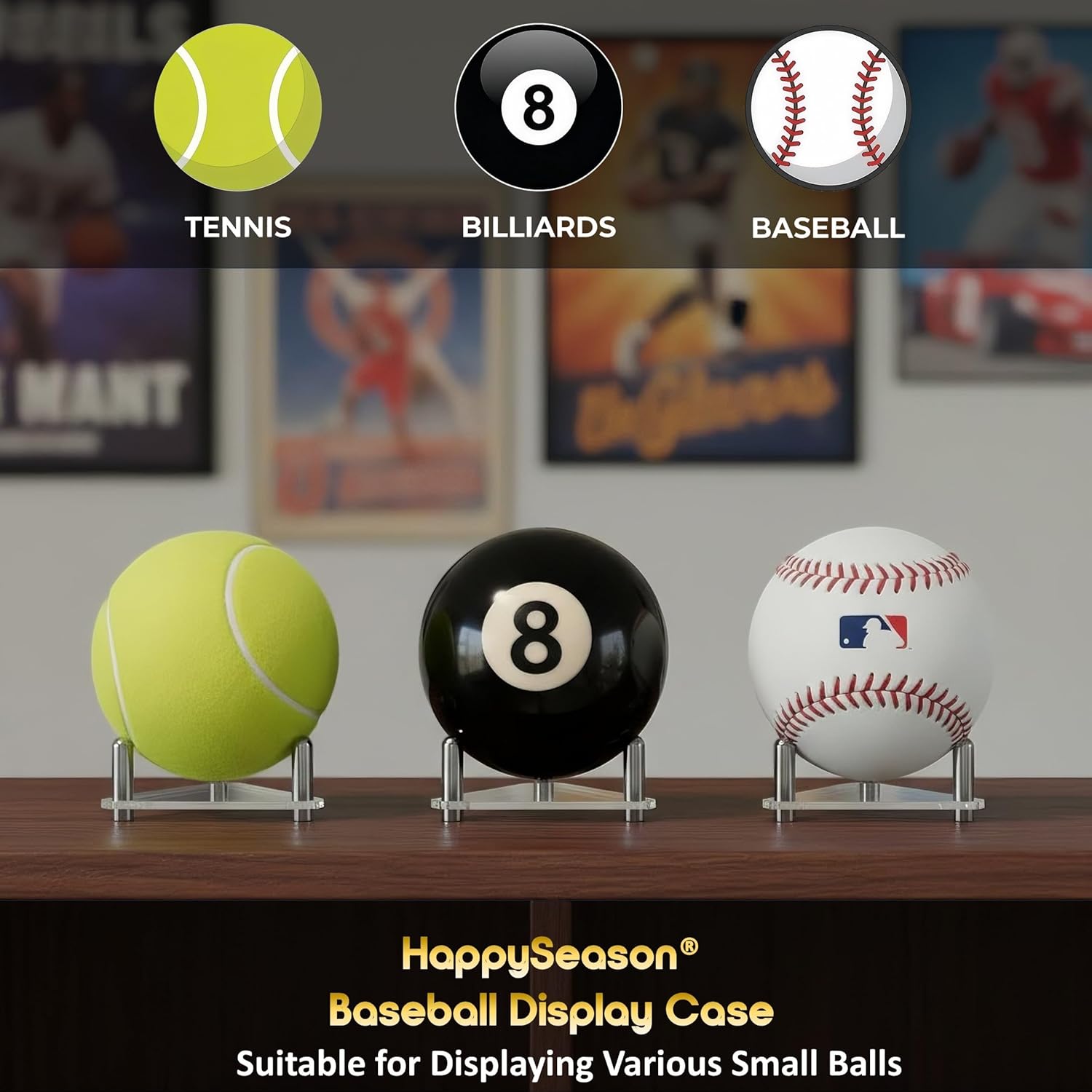 Happyseason 6-Pack Baseball Holders for Display, Clear Acrylic Ball Stand for Autographed Baseballs, Softballs, Tennis & Billiard Balls, Minimalist Rack with Stainless Steel Rods (Easy Assembly)