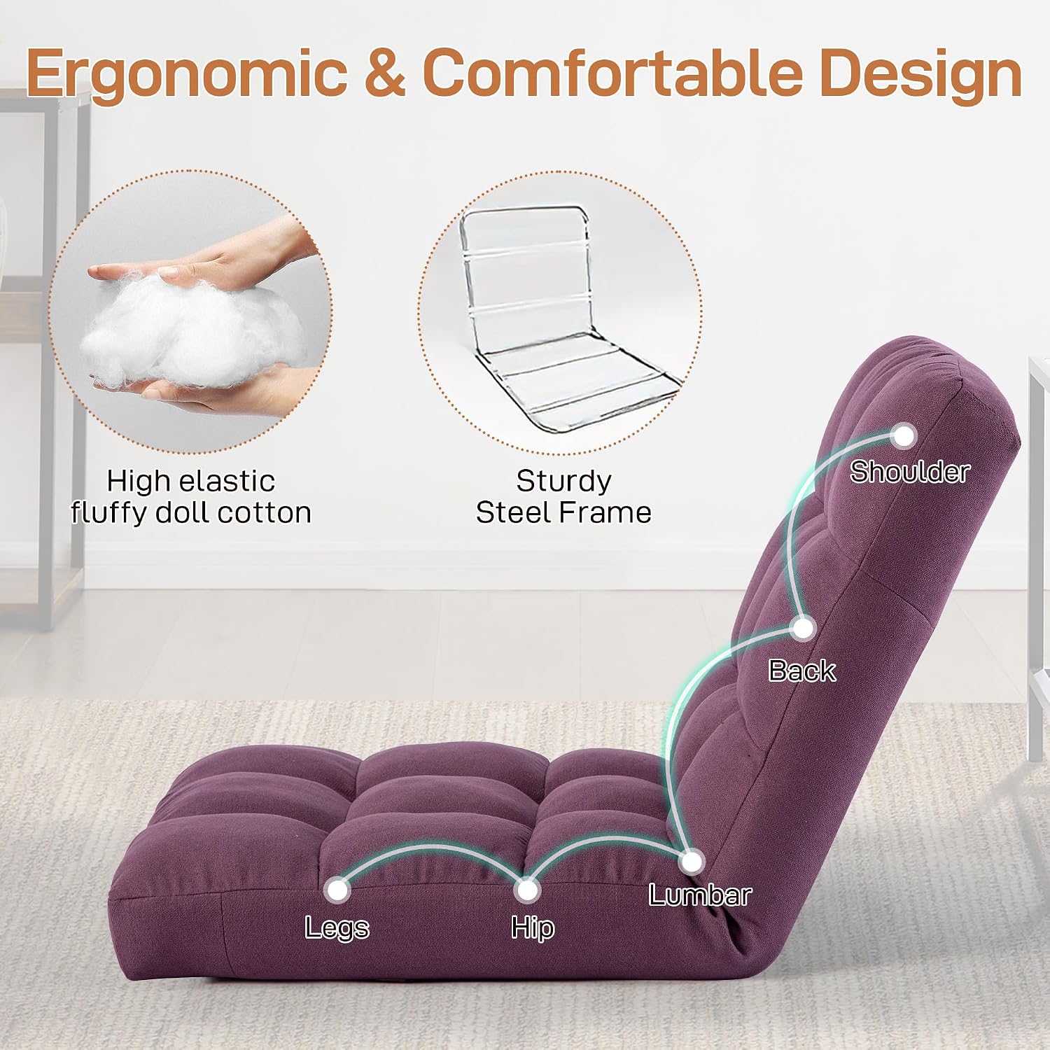 Floor Chair with Back Support Folding Chair with 6 Adjustable Position, Padded Sleeper Bed, Floor Gaming Chair, Meditation Chair for Adults