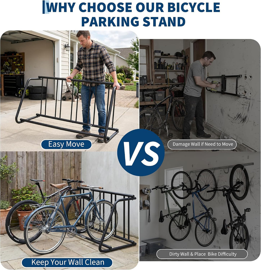 5-Bike Rack Stand, Single Sided Freestanding Metal Bicycle Storage Holder, Heavy-Duty Grid Bike Parking Organizer, Rustproof Steel Bike Stand for Garage Outdoor Home School