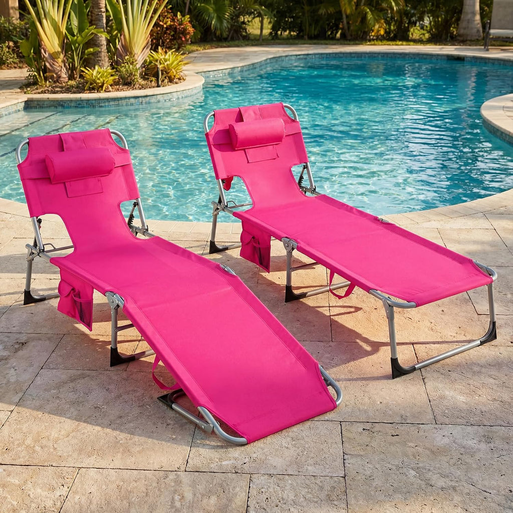 Giantex Face Down Tanning Chair, Folding Beach Lounge Chair w/ 4-Position Adjustable Backrest, Outdoor Sunbathing Lounge Chair w/Face Arm Holes & Storage Pocket for Patio Deck Poolside (2, Pink)
