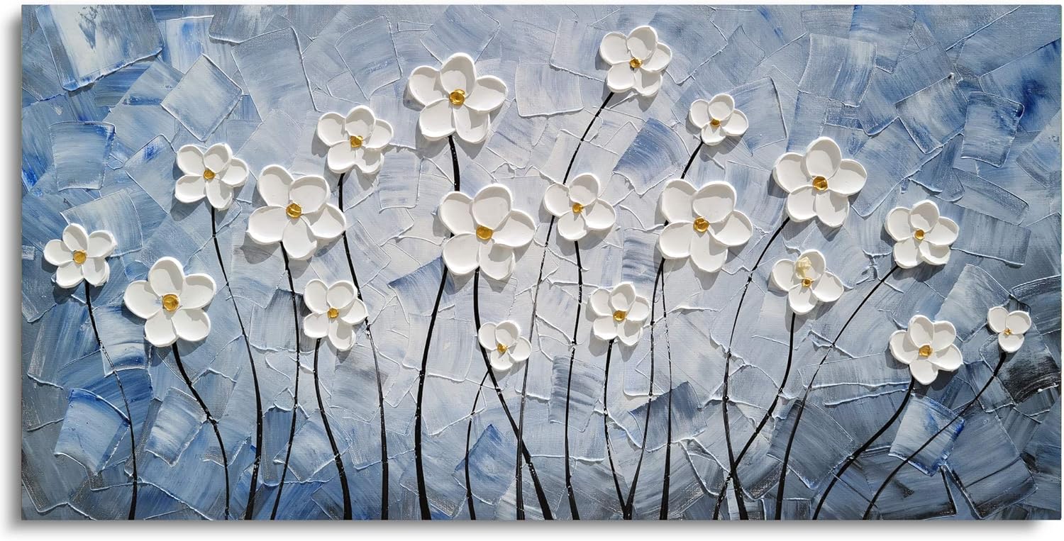 YHSKY ARTS Floral Canvas Wall Art Hand Painted Blue and White Heavy Textured Painting Modern Abstract Flower Pictures Contemporary Artwork for Living Room Bedroom Office Decoration