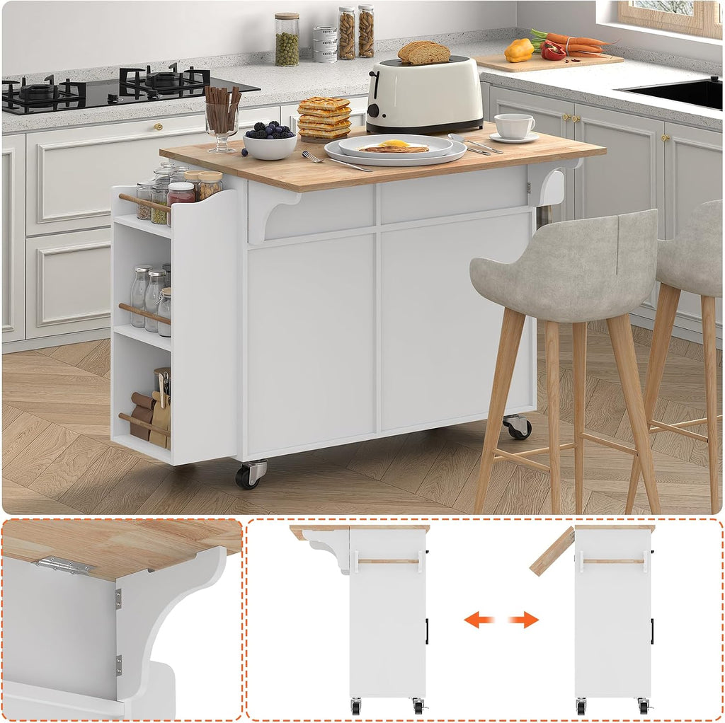Bigbiglife Kitchen Island with Storage, 39.8" Rolling Kitchen Island Cart with Drop Leaf & Storage - Mobile Kitchen Organizer with Wheels, Rubberwood Top, Trash Can Cabinet & Towel Rack, White