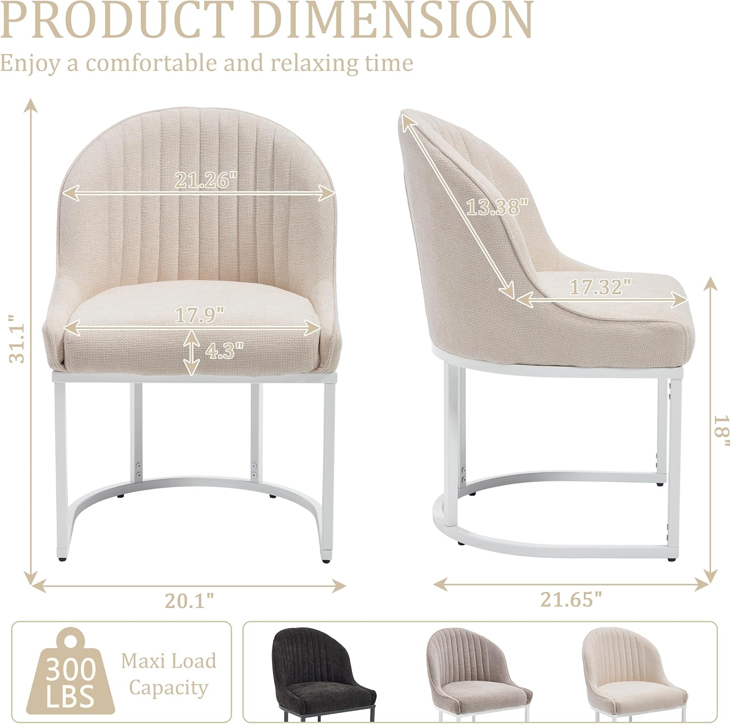 Linen Dining Chair Set of 4, Modern Upholstered Kitchen Chair with White Metal Legs, Kitchen & Dining Room Chairs for Restaurant/Bedroom/Living Room (Beige+White, Set of 4)