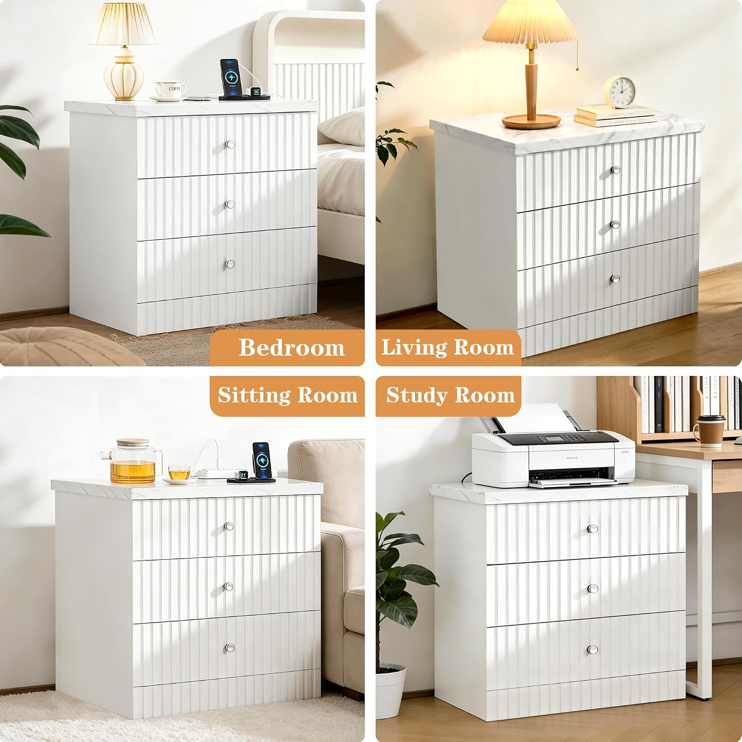 AWQM White Nightstand Set of 2, Night Stand with Charger Station and 3 Drawers, Modern End Table for Bedroom, Modern Nightstands with Storage, Suitable for Bedrooms, White