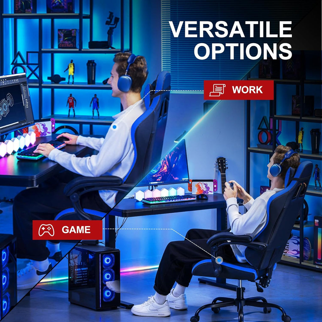 EXRACING Gaming Chair, Ergonomic Computer Chair 350lbs High Back for Adults, Height Adjustable Video Game Chair with Headrest and Lumbar Support, 360° Swivel, PU Leather, Linkage Armrest, Blue