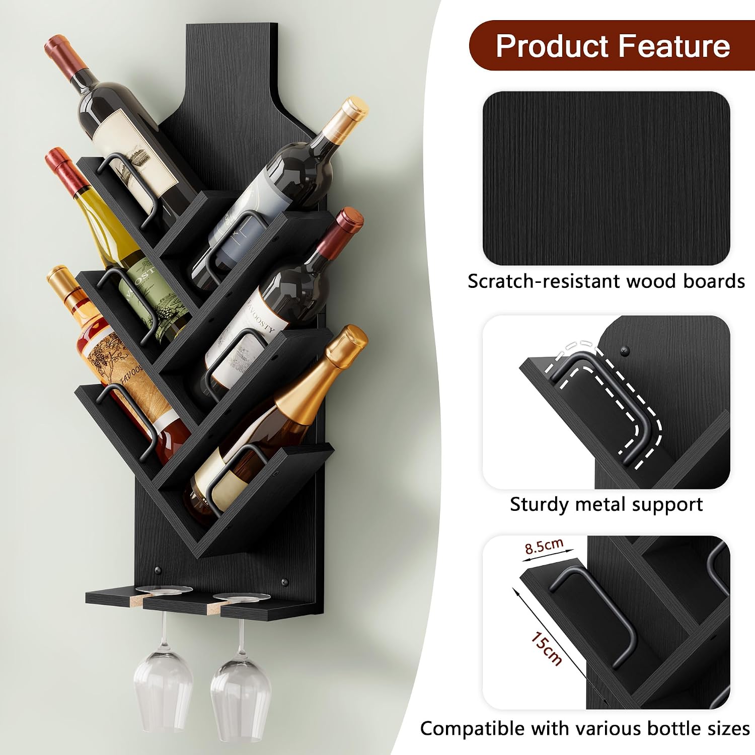 FAVOOSTY Wine Rack Wall Mounted for 6 Wine Bottles, Wall Racks for Wine Bottles Display and Storage with Glass Holder, Wood Wine Rack for Living Room, Dining Room, Wine Cellar, Bar (Black)