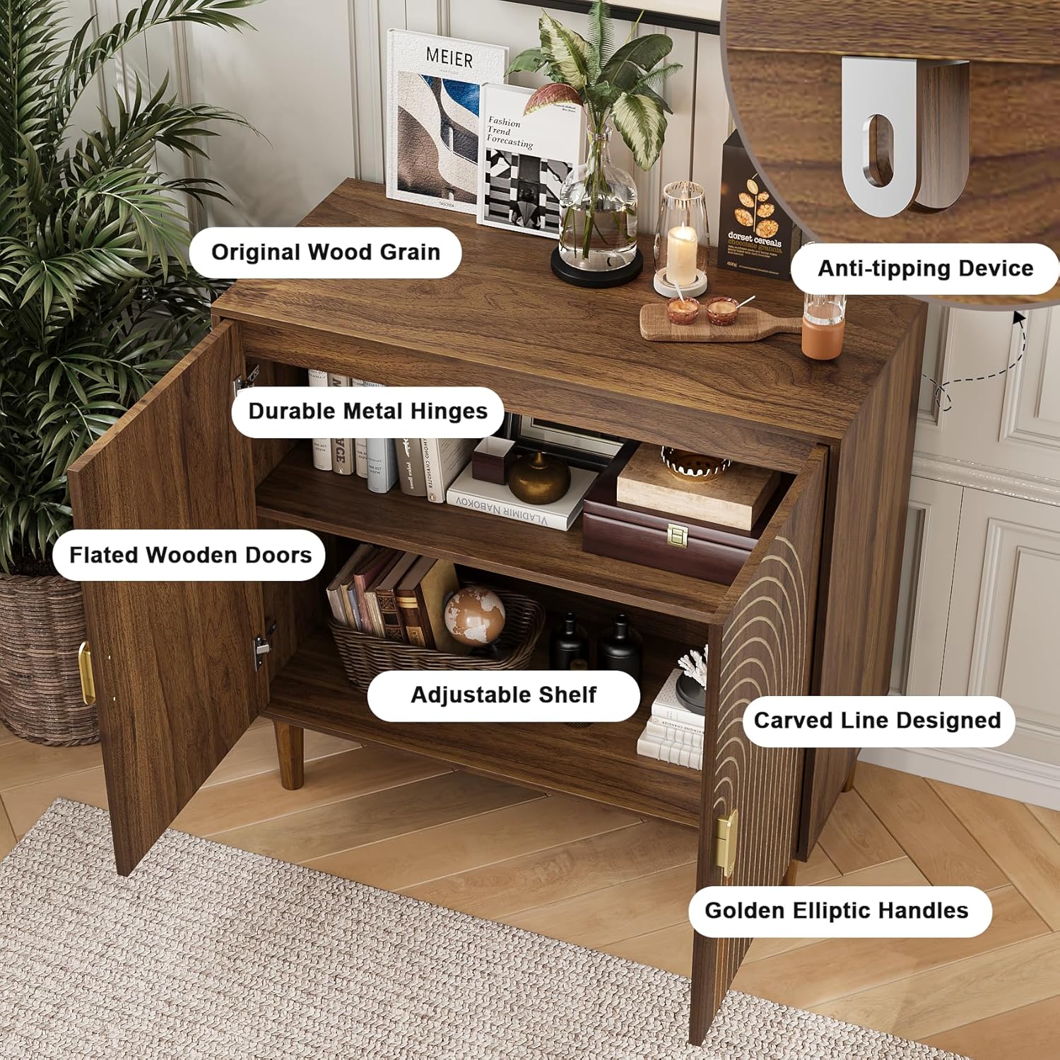 Sideboard Buffet Cabinet with Storage,Sideboard Buffet with Doors and Adjustable Shelf,Wooden Storage Cabinet, 31.3”W x 15.0”D x 30.6”H (Walnut)