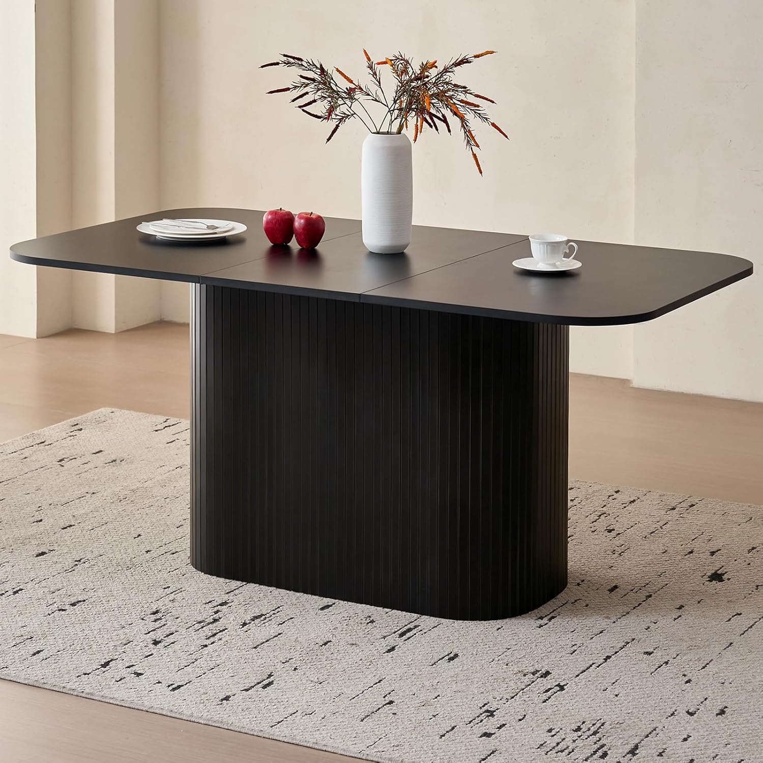 63" Large Dining Table for 4 6, [Rounded Corners] [Grooved Pedestal Base] Modern Rectangle Kitchen Dinner Dining Living Room Table Black