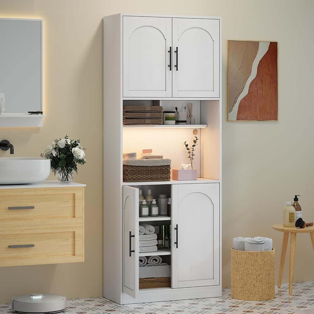 71" Pantry Cabinet with LED Light, Kitchen Pantry Storage Cabinet with Microwave Stand Anti-Tip Device, Modern Farmhouse Kitchen Cupboard Hutch for Living Room, Dining Room, Bathroom
