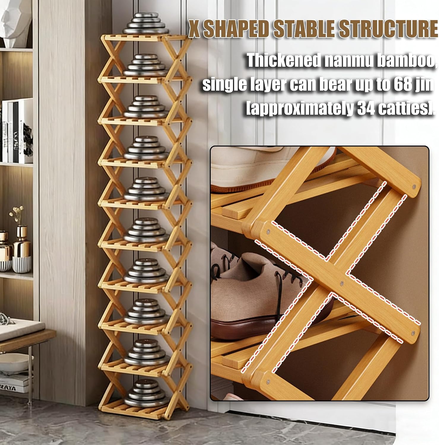 The 9-Tier No-Assembly Bamboo Rack, 2-9 Foldable Tier Bamboo Rack, Space-Saving Organizer for Shoes, No Assembly Narrow Shoe Shelf for Entryway Closet Dorm (Natural, 9 Layers)