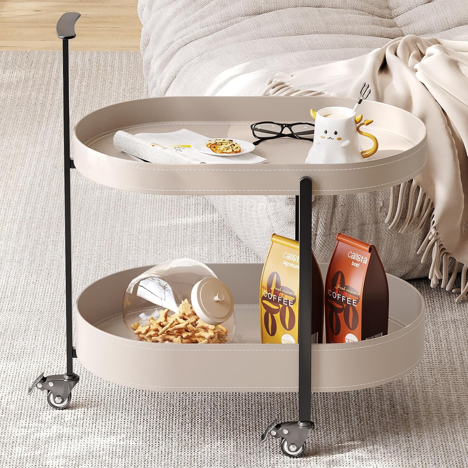 Oval Mobile Side Table with Lockable Wheels,Modern 2-Tier Storage Bedside Table,End Table for Living Room, Bedroom, Small Space,Easy Assembly